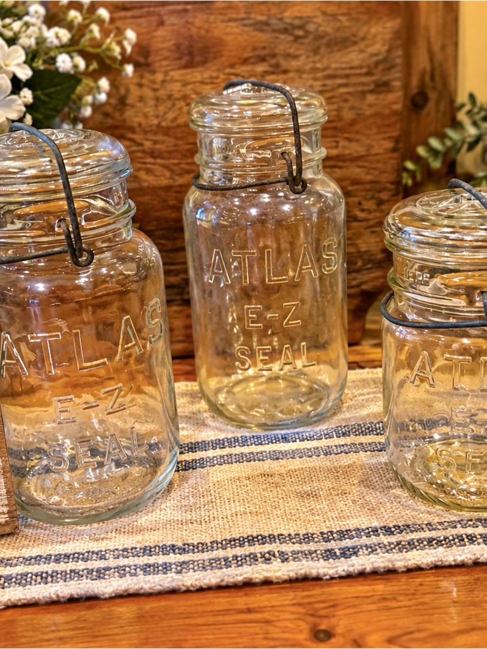 Vintage Atlas E-Z Seal Glass Canisters - 2 quart jars and 1 pint jar with lids.